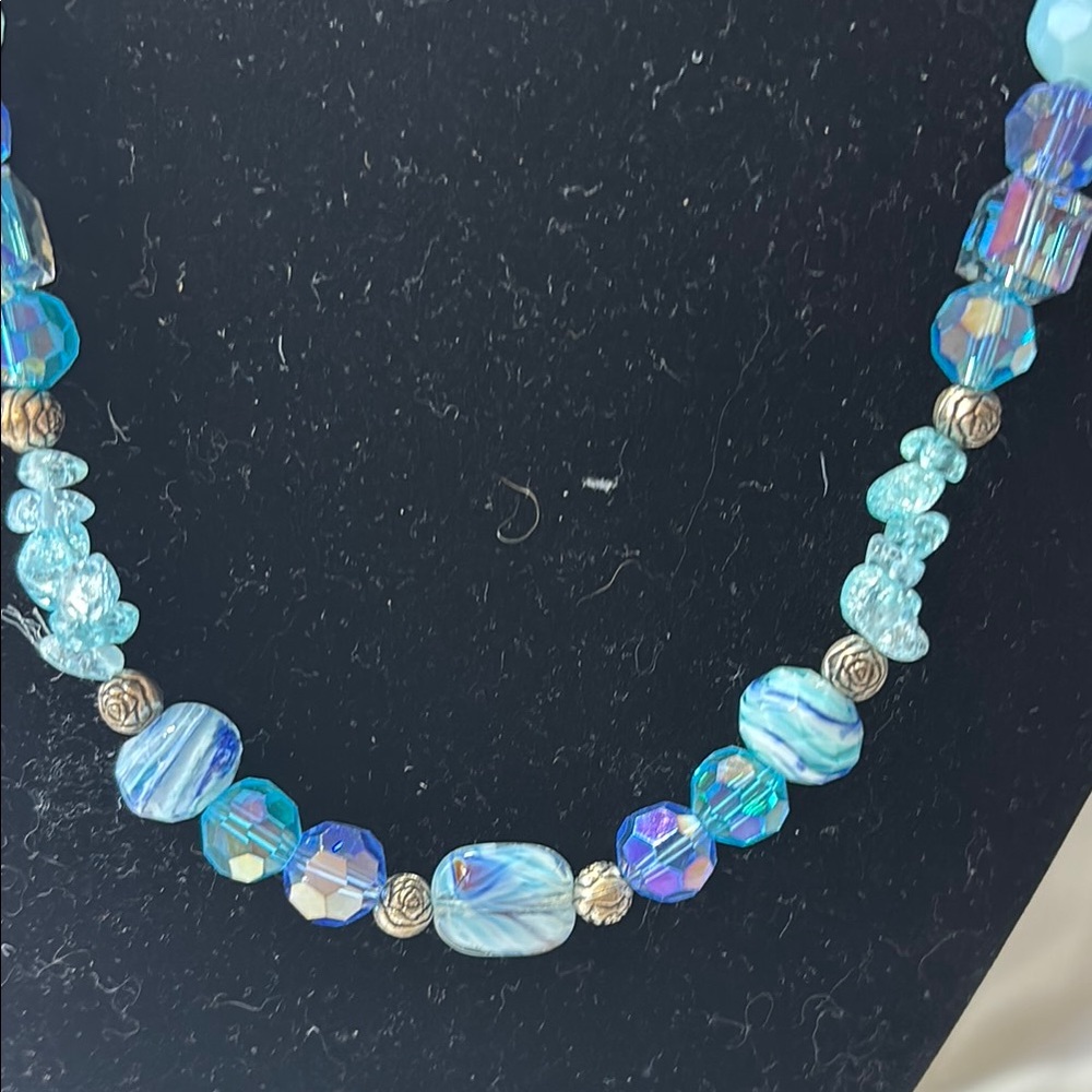 Hand Crafted Blue Necklace with Iridescent Highlights